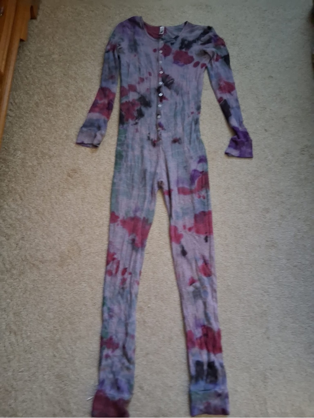 American Apparel Tie-Dye Long Sleeve thermal Jumpsuit in Purple and Red